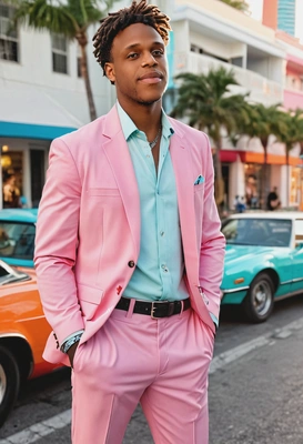Retro 80s vibes, Miami Vice style with a pastel Slim-fit suit, open colar Loose-Fit Shirt with rolled sleeves, blurry Vibrant  street and american retro car on the background, bright outdoor light