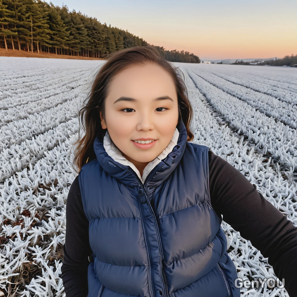selfie, smiling, in a puffer vest, on a frosty field at sunrise