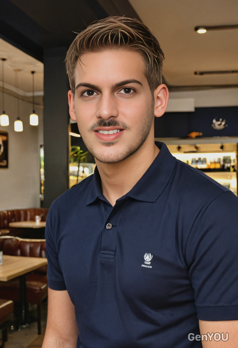 mid-shot, with a neat crew cut, soft smile, wearing a plain navy blue polo shirt, in a café interior with soft lighting
