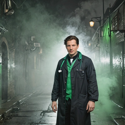 in a black doctor costume, standing in a dark, foggy alley with eerie green smoke behind