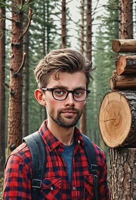 @me as a lumberjack, red flannel shirt, axe on shoulder, pile of chopped wood, fir tree forest, big eyes, brushstrokes, cartoonish style, high-quality