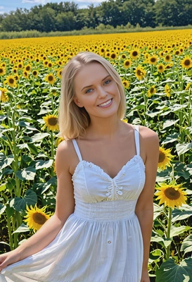 in a white sundress, standing through a field of sunflowers, the golden blooms reaching up toward the bright spring sky, pretty smile 