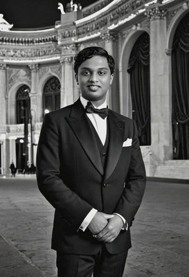 in 1920s black-tie attire, standing in front of a grand theater, black and white