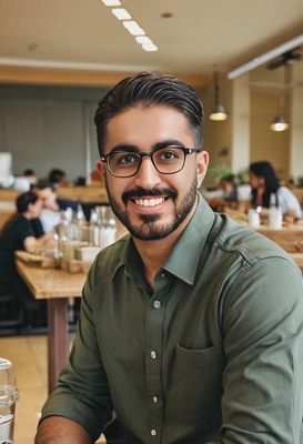 having lunch in a corporate cafeteria, smiling, warm tones, blurred background, eyes on you, cute, fashionable eyeglasses, kinfolk style