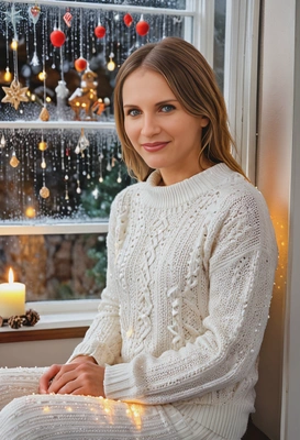 sitting by a frosted window, wearing a white knit sweater, with Christmas decorations and candles glowing in the background, mid shot photo