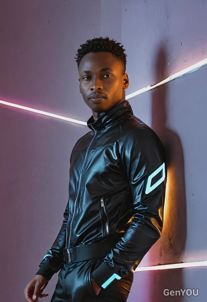 leaning against a neon-lit wall, in futuristic outfit