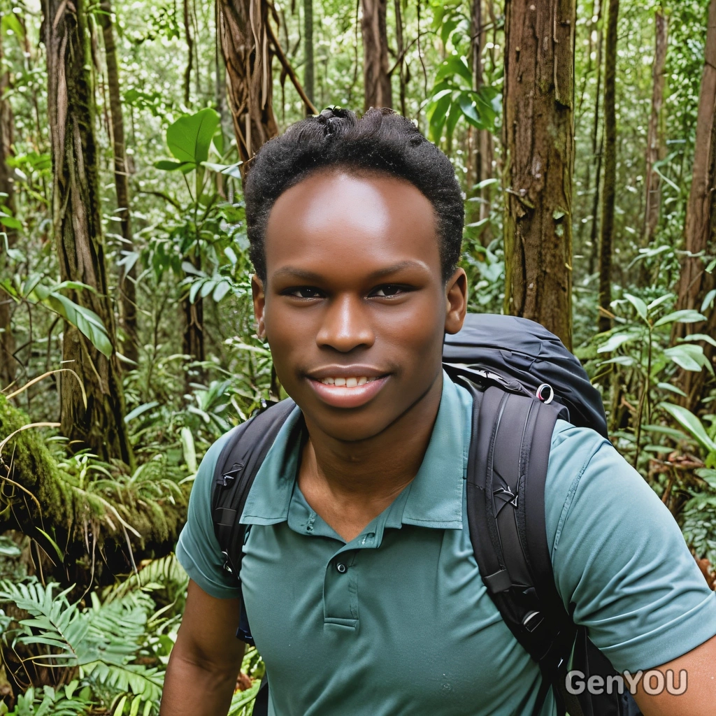A hiker in a dense rainforest, half body view