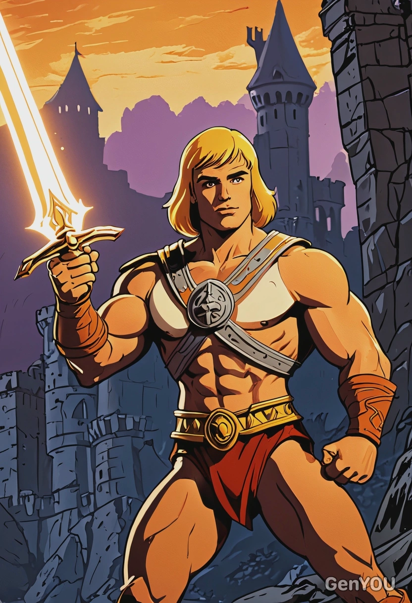 Hand-drawn flat cartoon style, He-Man from Masters of the Universe, bold heroic outlines, dramatic golden glow lighting, action pose with sword, waist-up portrait, Castle Grayskull background