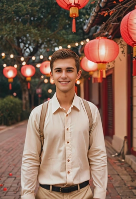 Full-body Lunar New Year portrait of me walking confidently under red lanterns, fitted cream or blush outfit with red accents, playful flirty expression, warm golden glow, shallow depth of field, cinematic lifestyle photography, subtle sensual tension, playful confident energy, celebratory romantic mood, hands behind back