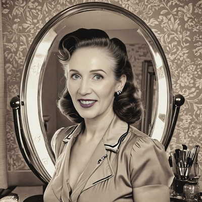 in a 1940s victory roll hairstyle, standing by a vintage makeup mirror, with a sepia filter