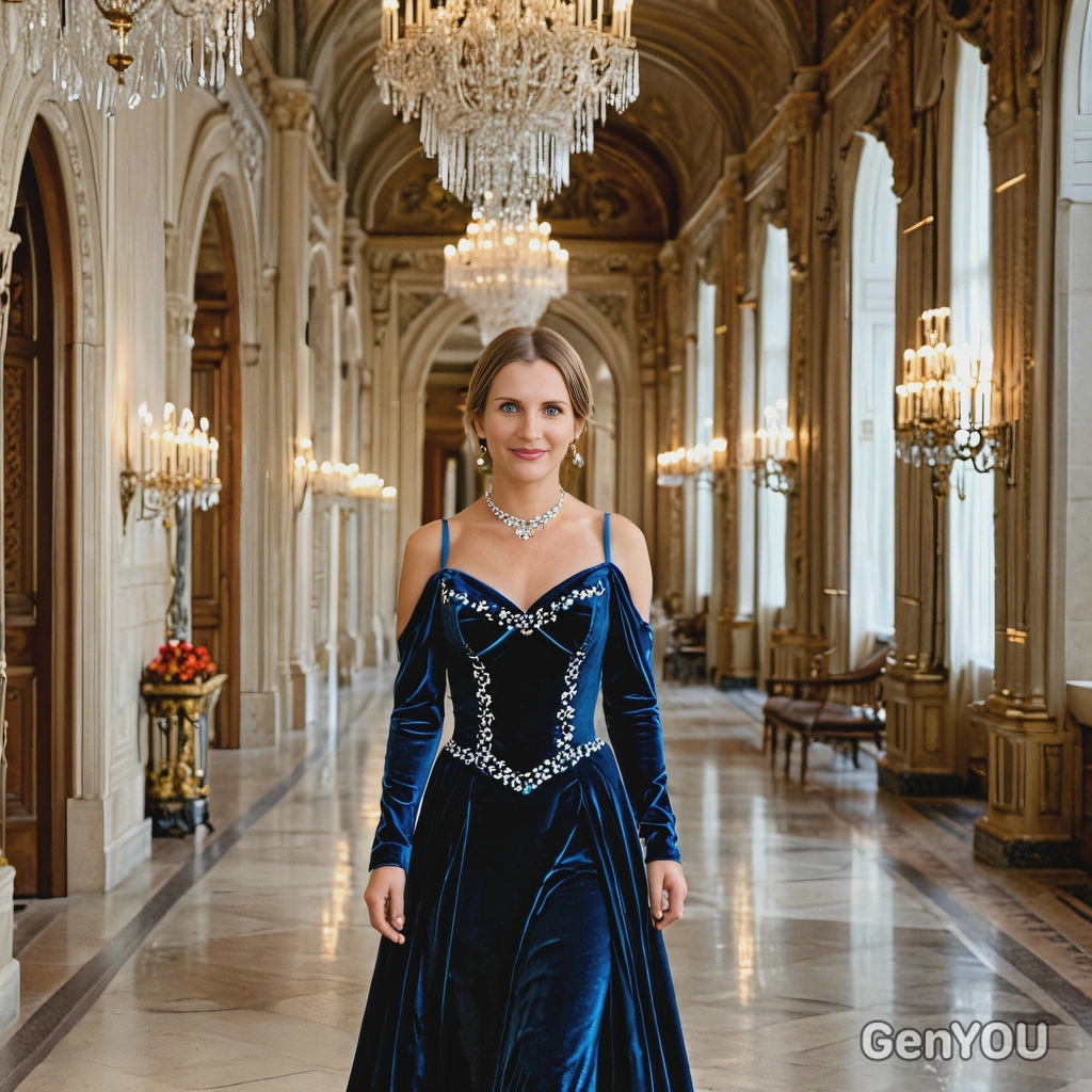 A princess draped in a velvet gown, walking through a palace hallway lined with crystal chandeliers