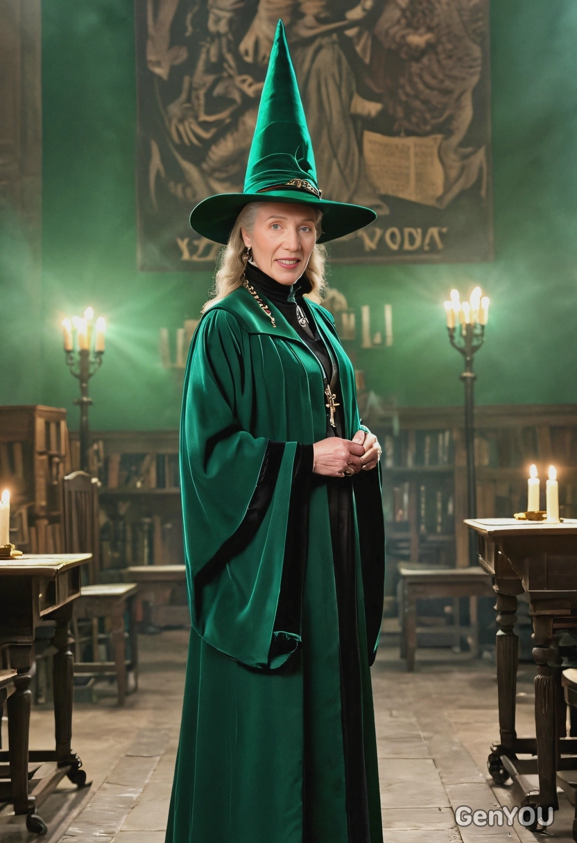 as Minerva McGonagall from Harry Potter, wearing a long emerald green robe with a pointed hat, standing in a grand, candlelit Hogwarts classroom