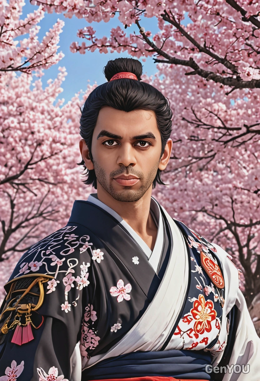  samurai warrior standing under cherry blossoms, in anime style, big eyes, manga drawing