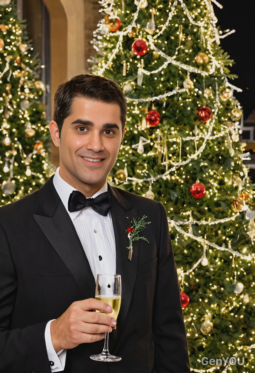 in elegant holiday attire, toasting with a glass of champagne in front of a grand Christmas tree and twinkling lights