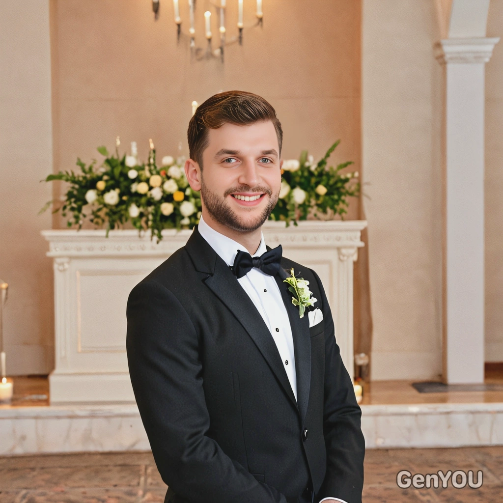 as a groom, in a tailored tuxedo, waiting at the altar with a smile 