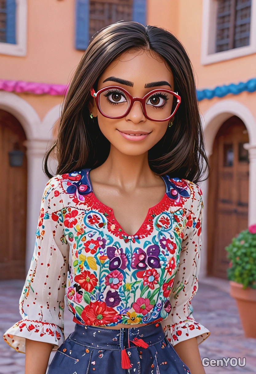 3D Disney cartoon style, Mirabel from Encanto, wearing embroidered blouse and glasses, oversized cartoon big sparkling eyes, waist-up pose, colorful casita courtyard