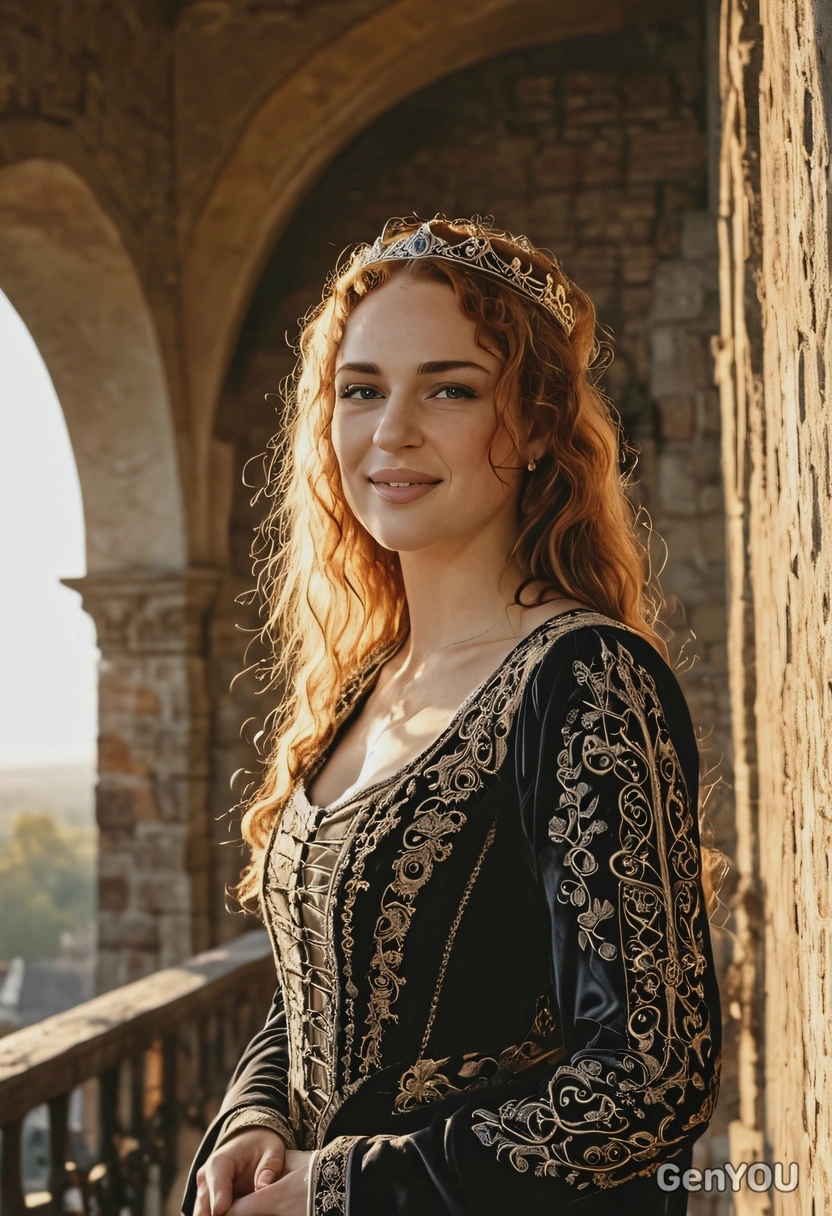 dark fantasy aesthetic, closeup photo of medieval princess, wearing velvet luxury medieval outer garment, standing on the balcony of the castle, blurry background, golden hour sun rays