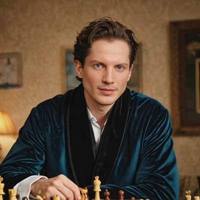 in a velvet smoking jacket, playing chess by candlelight, blurred background, soft focus, looking at viewer