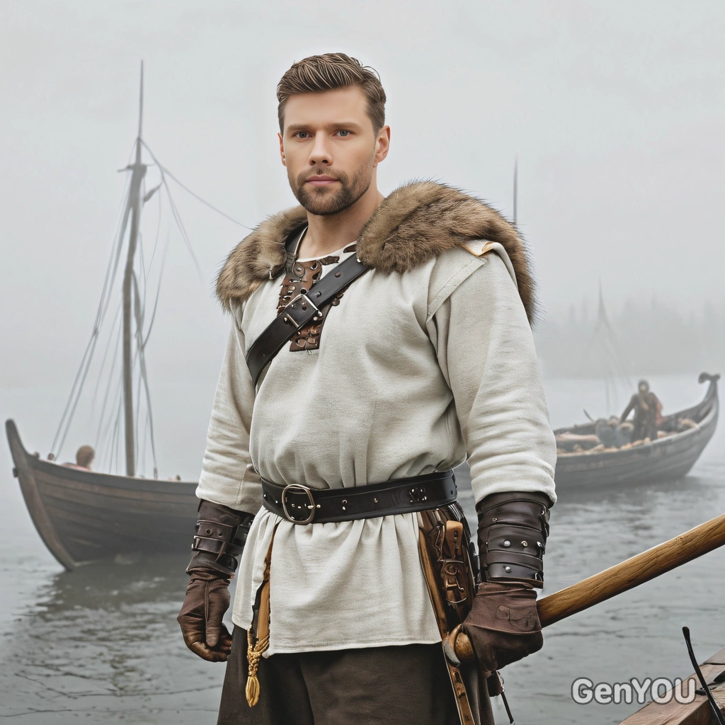 An ancient Viking warrior, in a fur-lined tunic, standing beside his longship on a foggy shore
