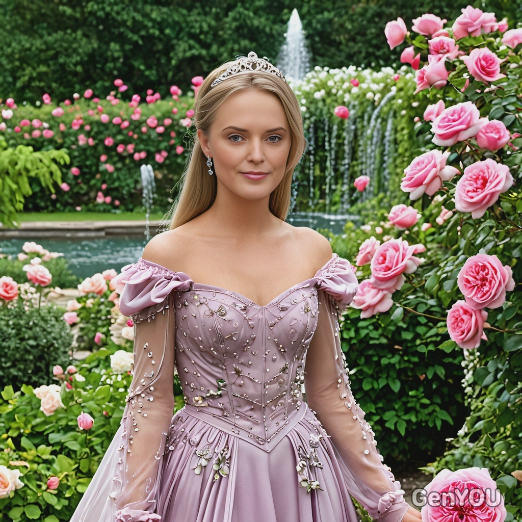 as a royal princess, dressed in a flowing silk gown, standing in a garden with blooming roses, surrounded by  fountains