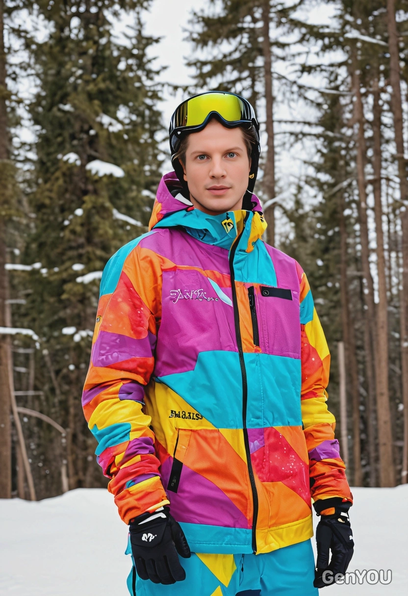 as a snowboarder, wearing a colorful winter suit