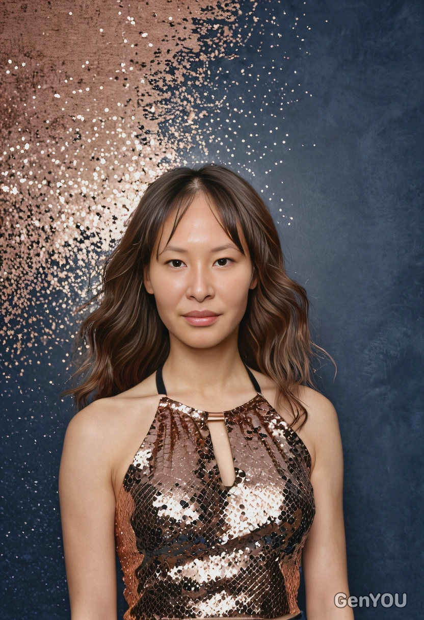 student in a rose gold sequined halter top, her hair styled in loose waves, murky blue yearbook backdrop, mid-shot photo, clear forehead 