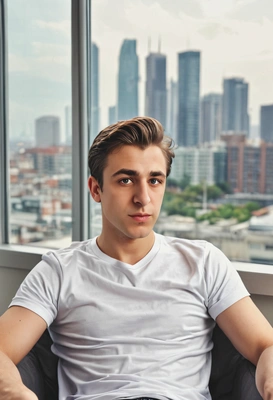 An executive, sitting back in armchair, white t-shirt, city behind window, blurred background