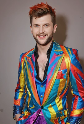 Dressed as David Bowie at a costume party, wearing a colorful suit and a Ziggy Stardust makeup, full-body image, background lights