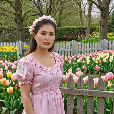 dressed in a soft pink dress, standing by a quaint wooden fence in a garden full of tulips and daffodils, the air filled with the freshness of spring