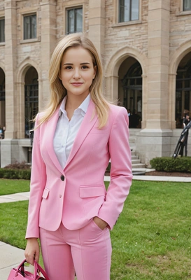 as Elle from Legally Blonde, mid-shot, a fashionable law student in a pink suit, on a university campus