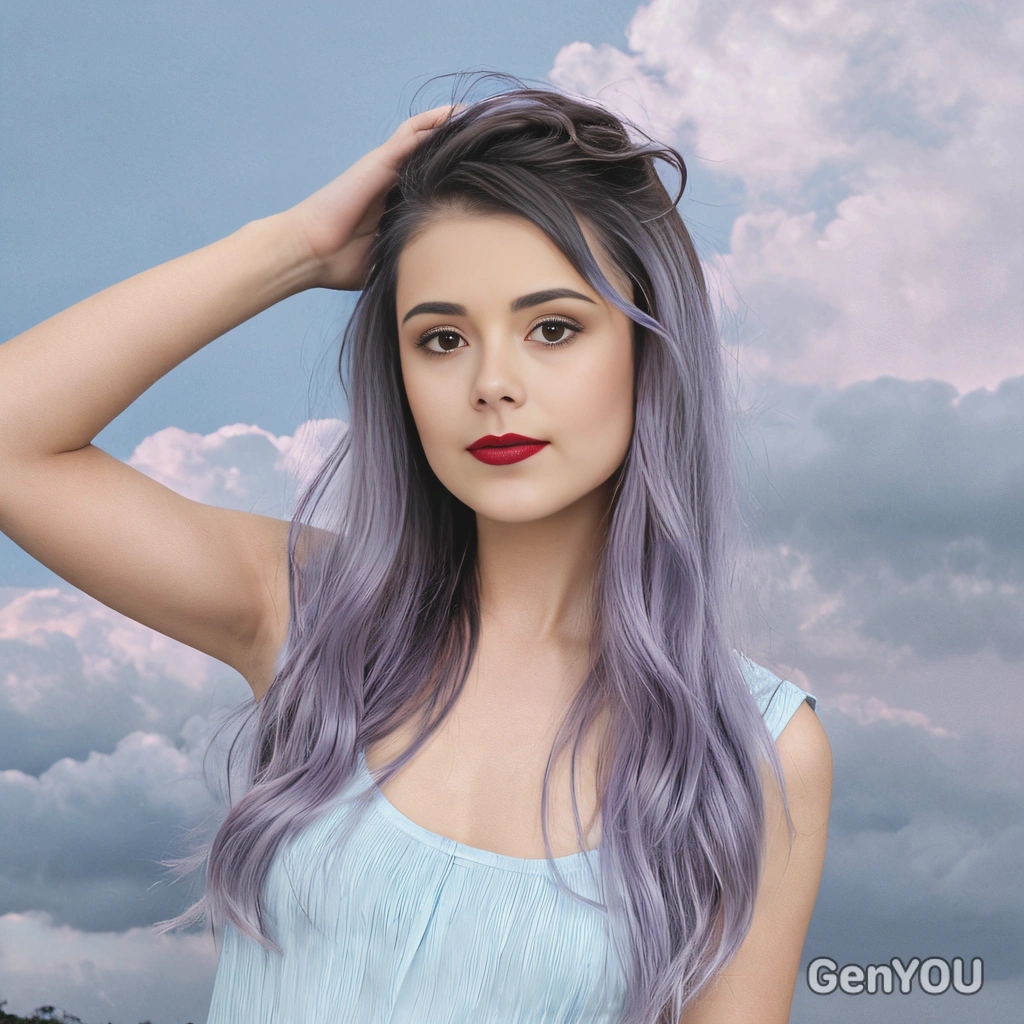 long lavender ombré hair fading into pastel blue tips, paired with soft bangs, with a cloudy, ethereal background