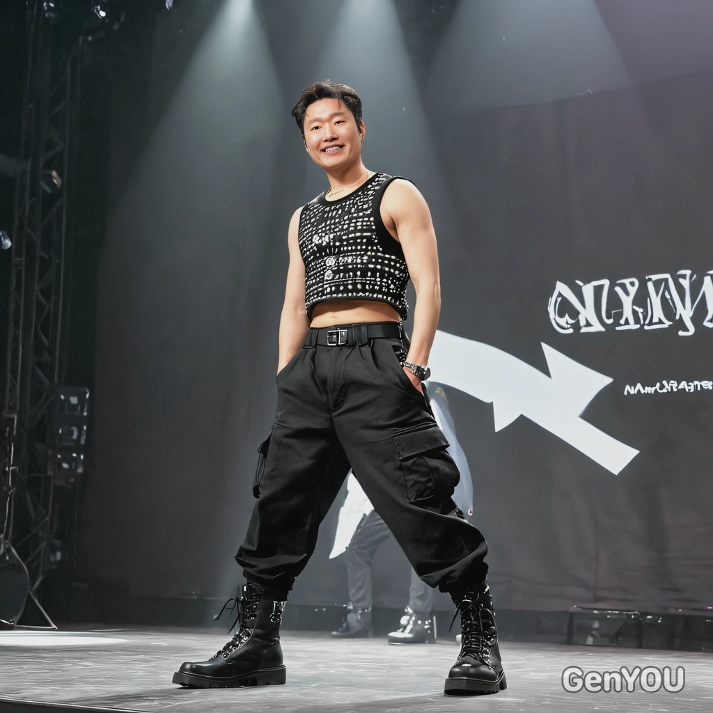 as a K-pop idol, wearing a stylish crop top, cargo pants, and chunky boots, performing an energetic dance routine on a brightly lit stage, mid shot photo