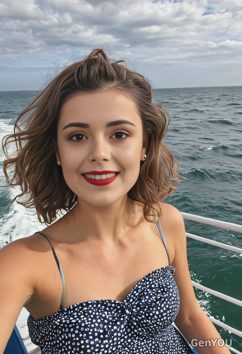selfie-style shot, smiling, with beach waves, wearing a strapless sundress, on a ferry with the sea in the background