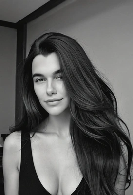 with luxurious voluminous long dark hair in natural state in a black and white picture looking in front of me, photo shoot to please instagram