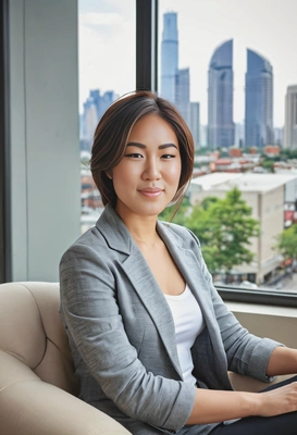 An executive, sitting back in armchair, casual outfit, city behind window, blurred background