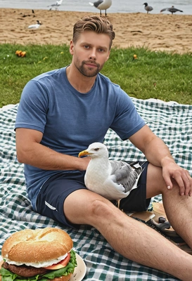 as a person, sitting on a picnic blanket while a huge seagull is sitting on my sandwich, photorealistic, blurred background, eerie vibes