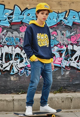 as a skateboarder, yellow sweatshirt, blue jeans, perky hair, a backward cap, graffiti walls, on a skateboard, city, symmetrical clothing details, cartoon style, high-quality stylized art