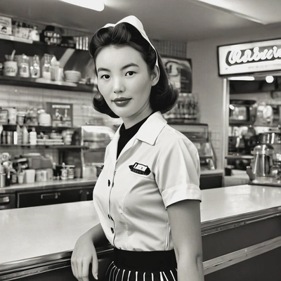 in 1950s diner uniform, standing behind a retro counter, with a black and white effect