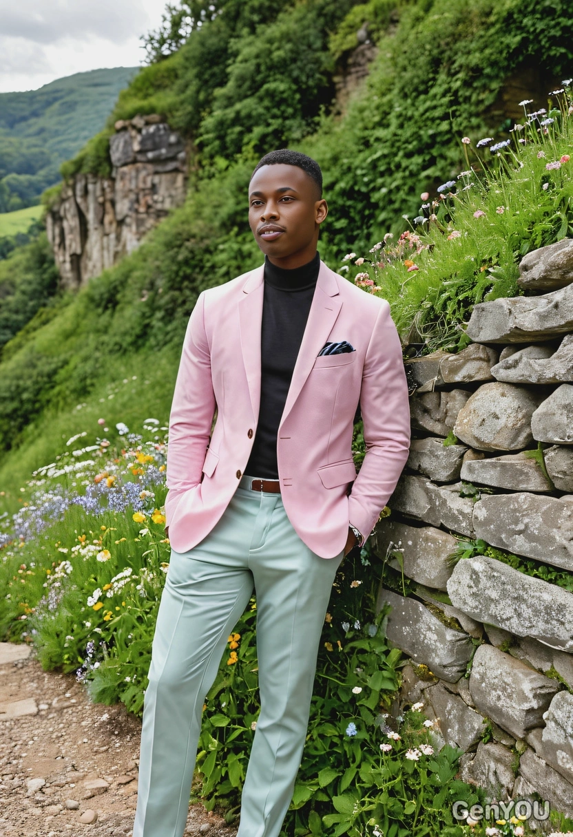 in a pastel-colored blazer and trousers, leaning casually against a rustic stone wall, with lush green hills and wildflowers stretching out behind him