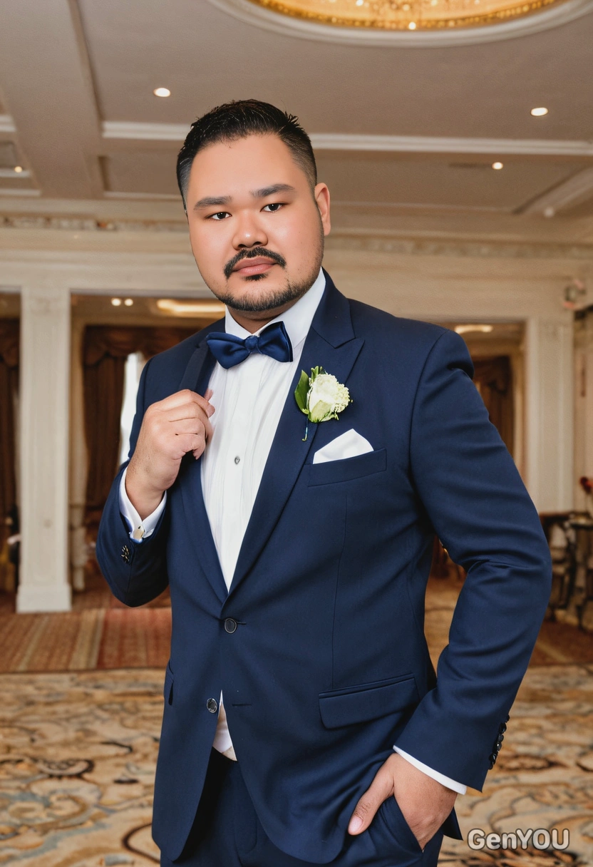 as a groom in a navy blue suit, adjusting his tie while standing inside an elegant ballroom