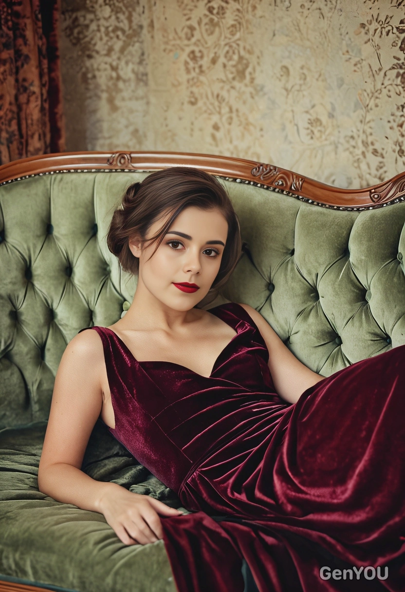 in a velvet gown lounging on a vintage chaise lounge, blurred background, soft focus