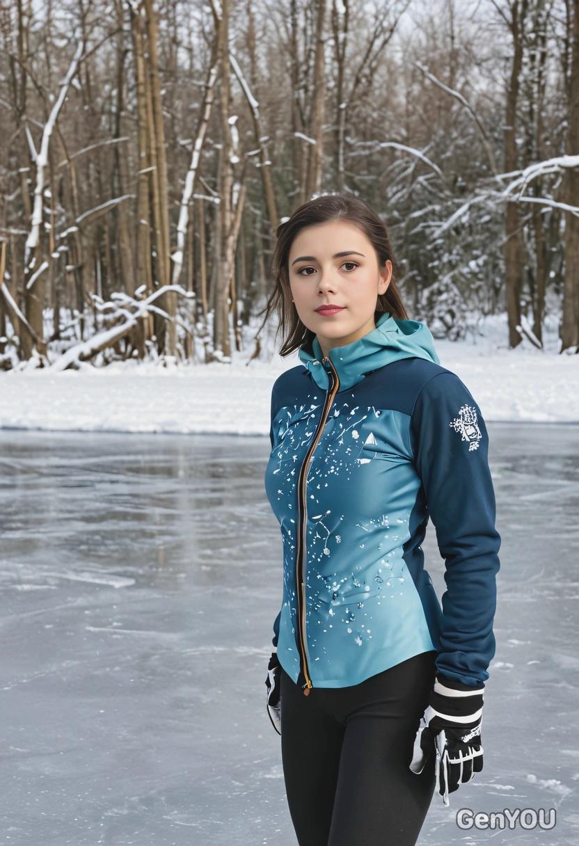 as a smiling woman, ice skating on a frozen lake in a forest, wearing a figure skating uniform, with snow-covered trees in the background