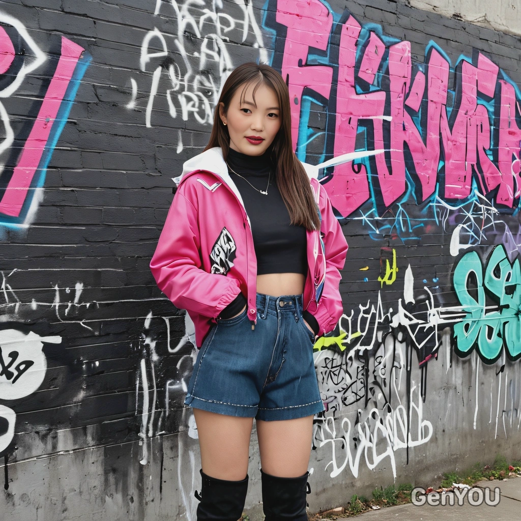 as Lisa from Blackpink, in a trendy street-style outfit with an oversized jacket and thigh-high boots, posing in front of a graffiti-covered wall, close up photo