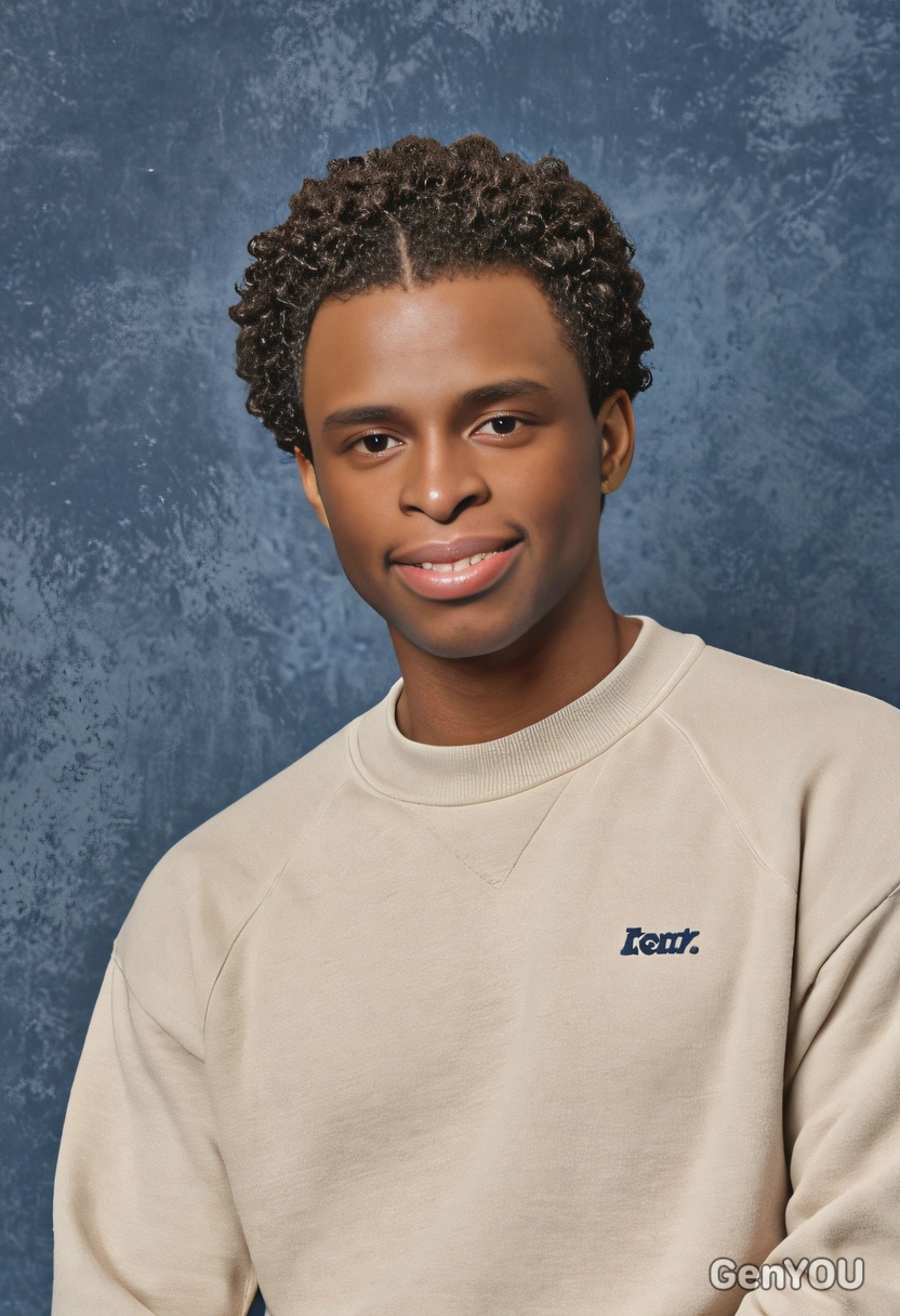 student in a light beige sweatshirt  with short curls, mid-shot photo, classic blue yearbook background