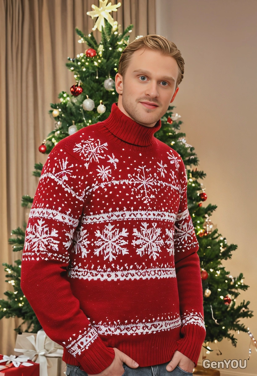 wearing a cozy red turtleneck sweater with snowflake patterns, standing beside a beautifully decorated Christmas tree with twinkling lights and wrapped gifts underneath