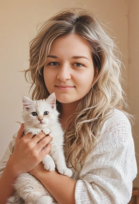 holding a kitten, home, soft focus, wavy hair, blurred background, warm tones, professional shot