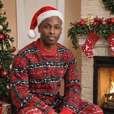Wearing a classic santa hat and festive pajamas by the fireplace - headshots huntsville al