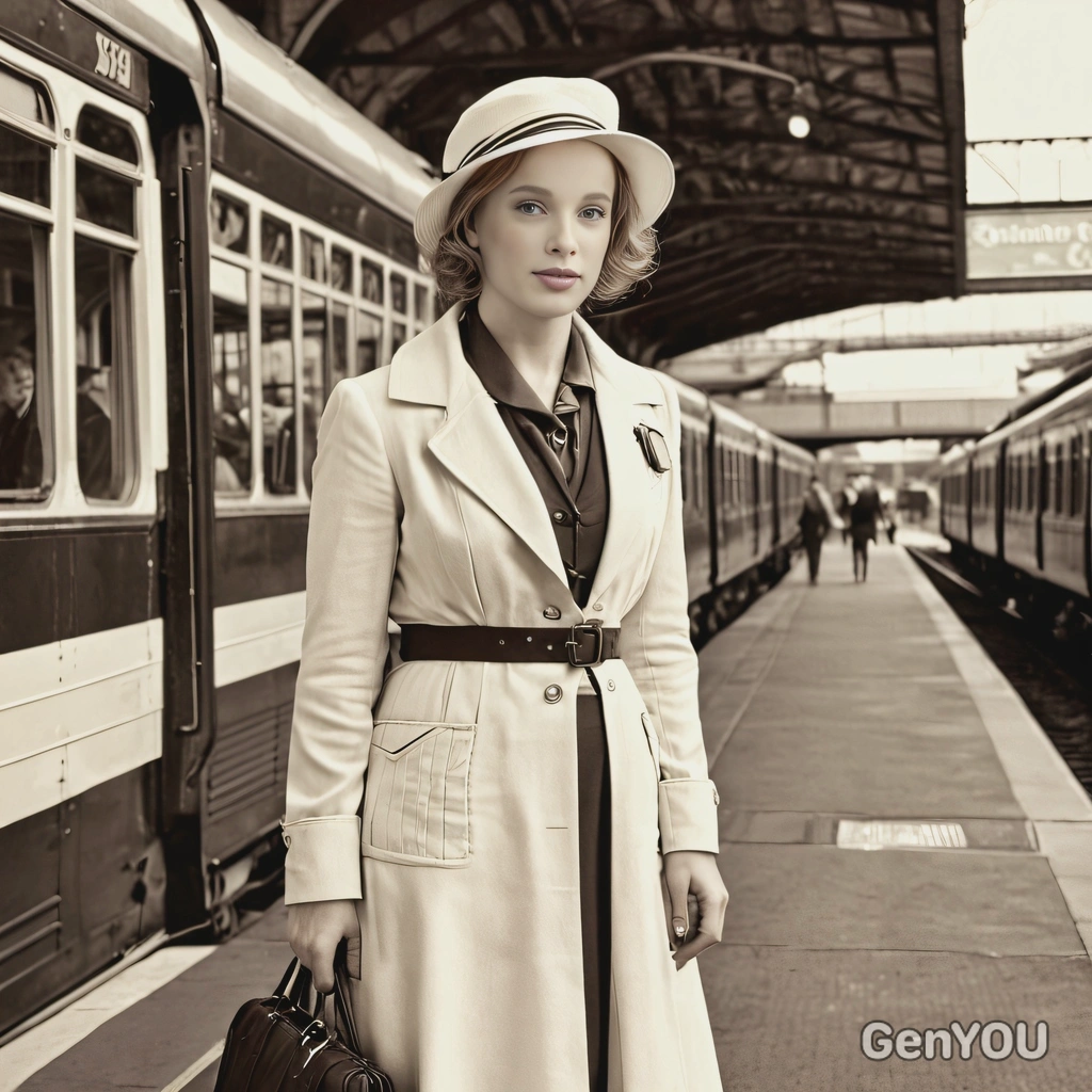 standing at a train station in a 1930s travel outfit, with a sepia filter