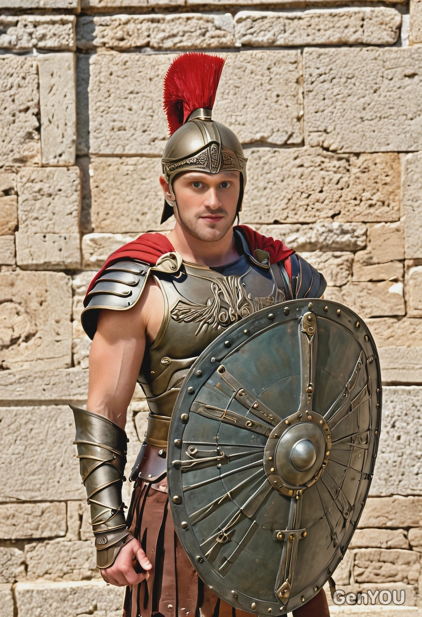 Dressed as a warrior from ancient Greek mythology, in bronze armor with a shield, stand at the gates of an ancient citadel