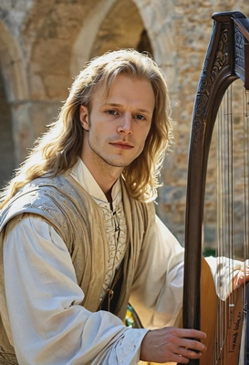 crisp face skin texture details, A graceful young nobleman musician from the late medieval period, dressed in soft flowing tunic and finely woven mantle, sits near a stone arch or in a castle garden, delicate features, long hair, a sense of courtly refinement and quiet sensitivity, blurry medieval harp at the background, bright sun rays from the window, long shadows